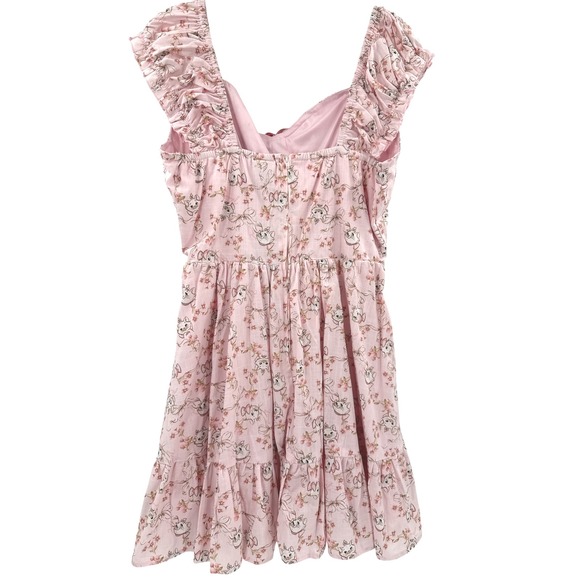 Disney Marie Aristocats Pink Floral Lace Up Corset Ruffle Cap Sleeve Dress LG - Picture 5 of 8